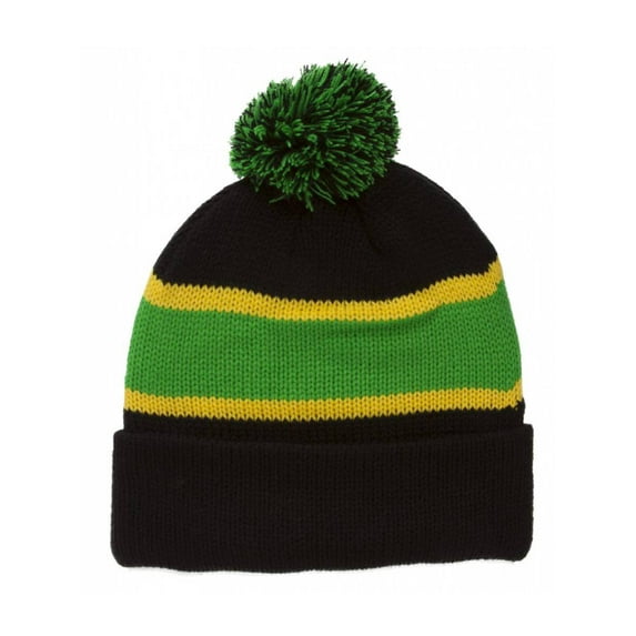 Winter Striped Beanie with Pom - Black/Green