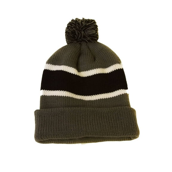 Winter Striped Beanie with Pom - Grey/Black
