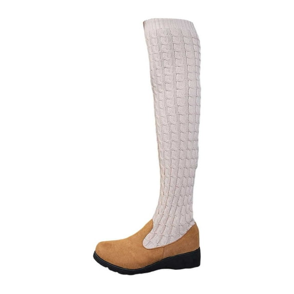 Winter Suede Heel Over The Knee Boots Fashion Footwear Thick Platform Knit Stretch Style for Women