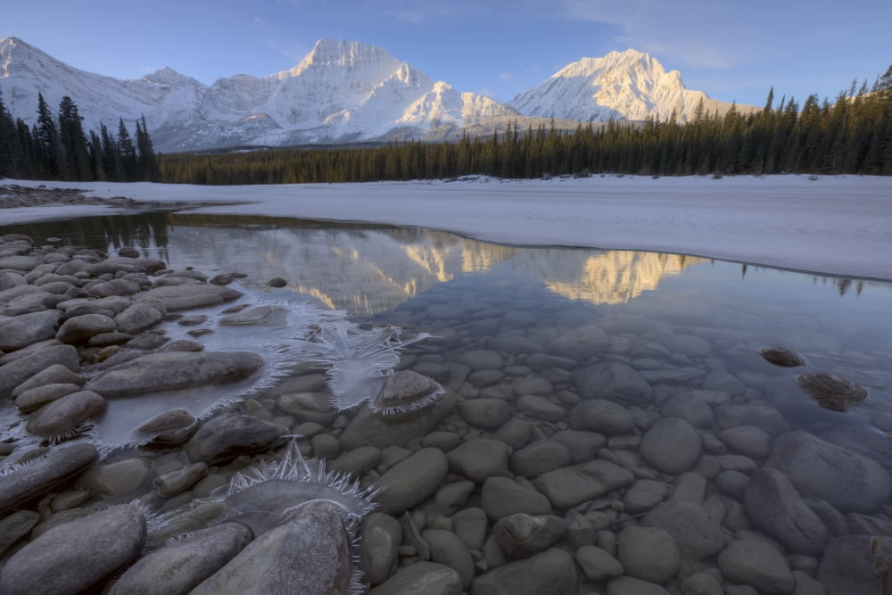 Winter Sunrise On The Athabasca River In Jasper National Park Alberta Canada Canvas Art - Dan Jurak Design Pics (34 x 22)