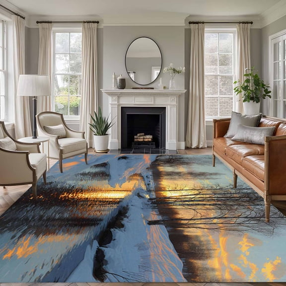 Winter Sunset Area Rug 8x10 Washable Rug Non Slip Nature Forest Snow Landscapes Large Area Rug Soft Stainresistant Indoor Floor Carpet for Living Room Bedroom Home Office Dining Room Nursery