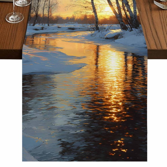 Winter Sunset Burlap Cotton Table Runner 13x108 Inches Long, Nature Forest Snow Landscapes Farmhouse Table Runners, Outdoor Dining Tablecloths Decor for Baby Shower/Party/Wedding