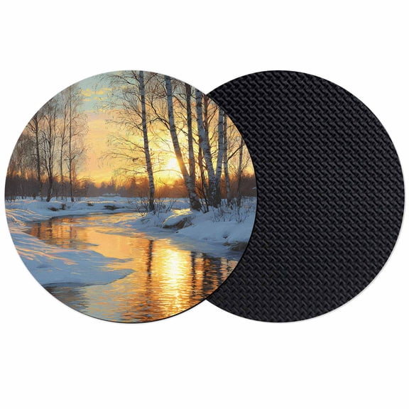Winter Sunset Coasters Set of 2, Absorbent Coasters for Drinks, Nature Forest Snow Landscapes Coaster for Desk Coffee Table Protection, Home Decor House Warming Gifts 4"