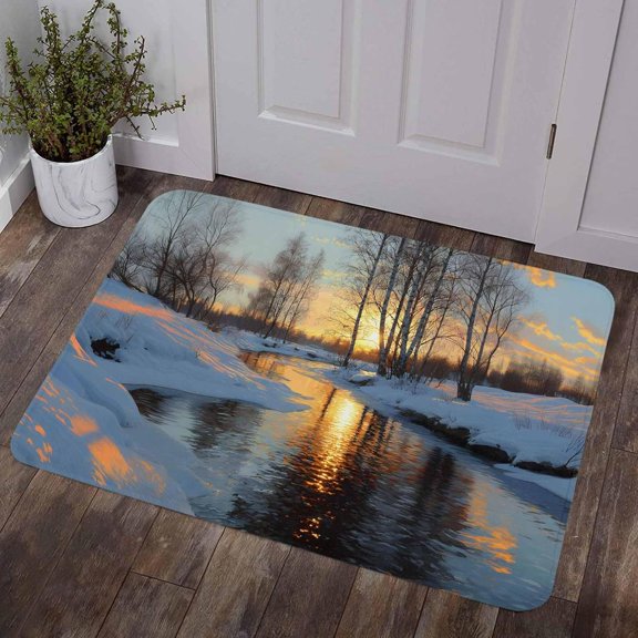Winter Sunset Door Mat 16" x 24" Indoor/Outdoor Rug for Entry Way, Nature Forest Snow Landscapes Doormat Front Door Rug Heavy Duty Welcome Mat, Non Slip Rubber Back Low Profile for Garden Patio