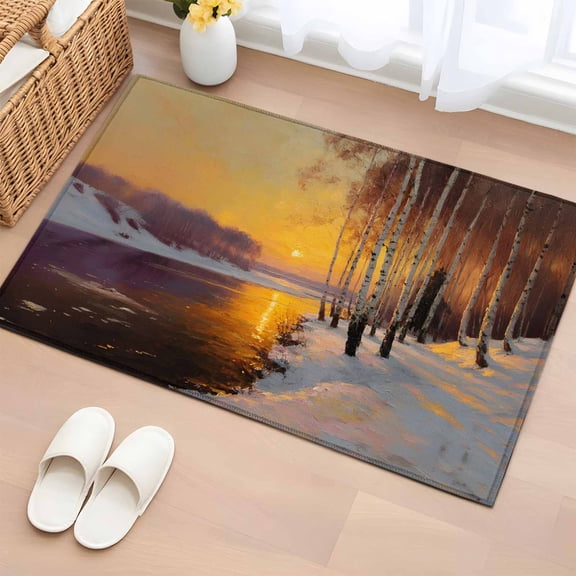 Winter Sunset Entryway Rug 2'x3'&nbsp; Non Slip Front Door Mats, Nature Snow Forest Landscapes Entrance Rugs Indoor Outdoor Carpet, Washable Floor Mats Small Area Rug for Bedroom Kitchen