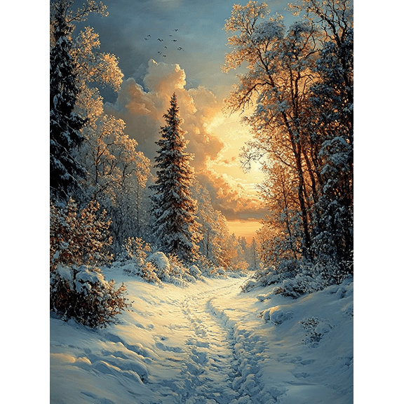 Winter Sunset Forest Path Canvas Art Print Suitable for Living Room Bedroom Office Hallway and Dining Room Decoration.