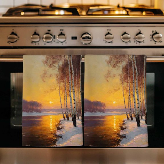 Winter Sunset Kitchen Towels Set of 2, Nature Snow Forest Landscapes Absorbent Dish Towels for Kitchen, Microfiber Hand Towel, Quick Drying Tea Towel for Cleaning Decorative Dishcloths