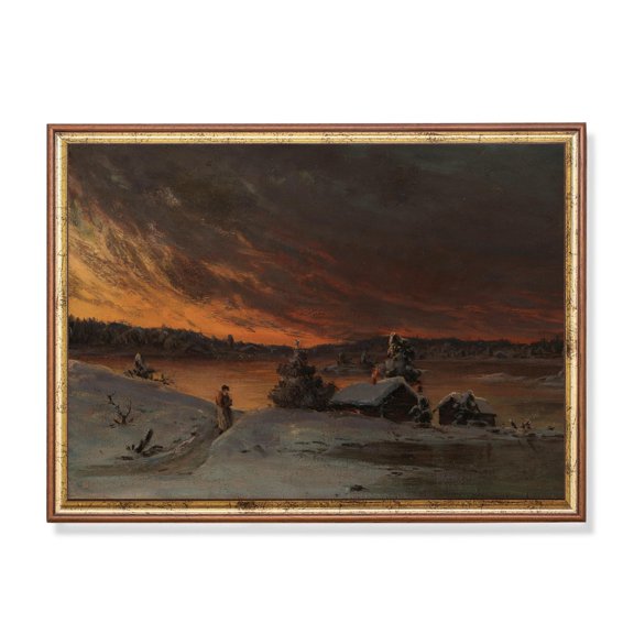 Winter Sunset Landscape 19Th Century Rustic Cottage Warm Present Vintage UNFRAMED Poster Size 8x12