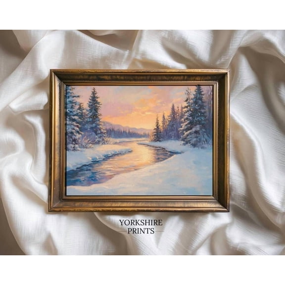 Winter Sunset Landscape Print, Snowy River Cabin Wall Art, Cozy Seasonal UNFRAMED Poster, Wall Art for Decor, Present, 8x12