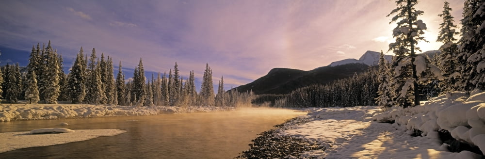 Winter Sunset On Bow River Banff National Park Alberta Canada Canvas Art - Darwin Wiggett Design Pics (36 x 12)