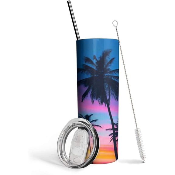 Winter Sunset Palm Tree Tumbler - Palm Trees Gifts - Palm Trees Cups - 20oz Double Wall Insulated Skinny Stainless Steel Travel Mug with Straw and Lid - Gift for Palm Tree Lovers Women Girls