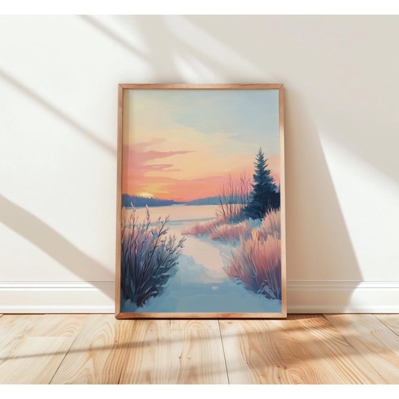 Winter Sunset Path With Evergreen Snowy Serene Coral And Lavender Frozen Stream Landscape
