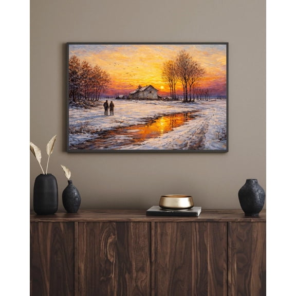 Winter Sunset Poster, Peaceful Winter Landscape Art, Calming Wall Decor, Stretched Canvas 12x16in