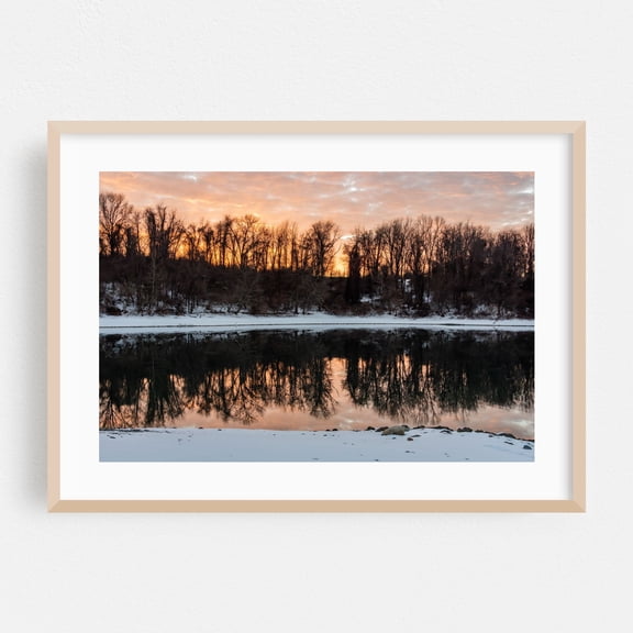 Winter Sunset Reflections at Lake Marburg - Hanover Pennsylvania Photography Winter Sunset Snow Lake Nature Scenic Oak Framed Wall Art Print 16 x 24 inches