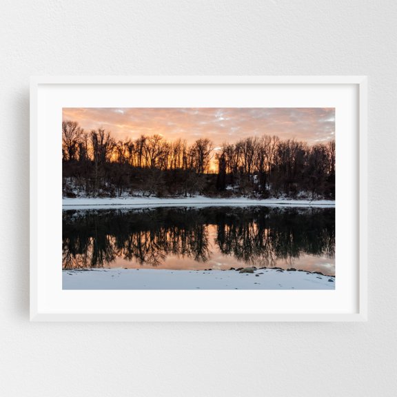 Winter Sunset Reflections at Lake Marburg - Hanover Pennsylvania Photography Winter Sunset Snow Lake Nature Scenic White Framed Wall Art Print 5 x 7 inches