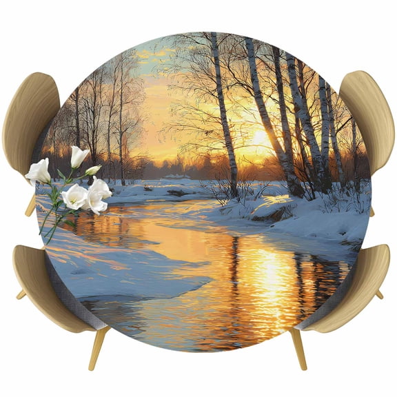 Winter Sunset Round Tablecloth, Fitted Table Cover with Elastic for 45"-54" Round Tables, Nature Forest Snow Landscapes Table Cloth Outdoor Indoor Dinning Party Waterproof Tablecloths