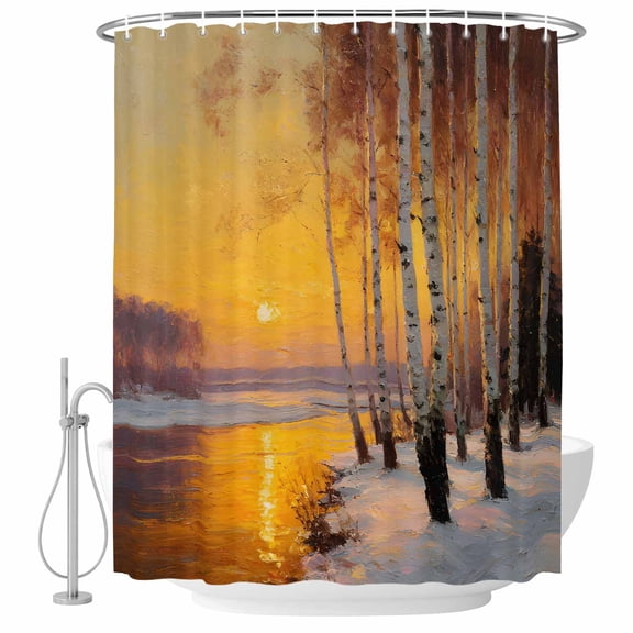 Winter Sunset Shower Curtain, Waterproof Shower Curtains for Bathroom, Nature Snow Forest Landscapes Washable Fabric Bathtub Curtain Set Bath Decor with 12 Hooks 72"x78"