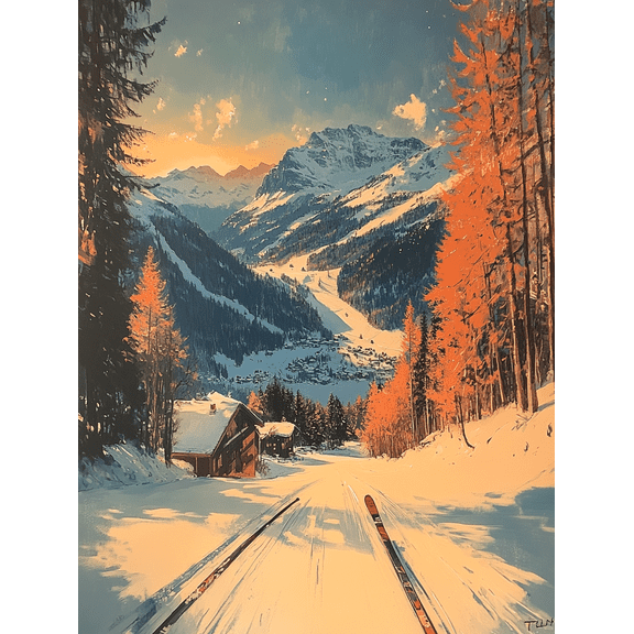 Winter Sunset Ski Lodge Canvas Print/Wall Art Perfect for Living Room Bedroom Ski Chalet Cabin and Mountain House Decor.
