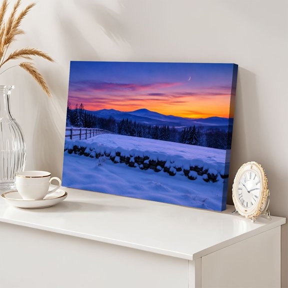 Winter Sunset Snowy Landscape 12"x16" Wall Art Pine Forest Crescent Moon Canvas Wall Decor for Living Room Bedroom Modern Abstract Painting Prints Aesthetic Framed Artwork Home Decor