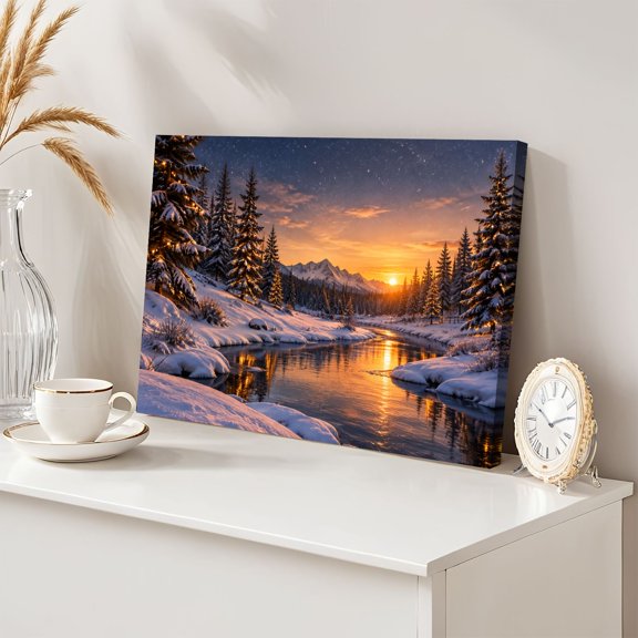 Winter Sunset Snowy River 12"x16" Wall Art Pine Trees Canvas Wall Decor for Living Room Bedroom Modern Abstract Painting Prints Aesthetic Framed Artwork Home Decor