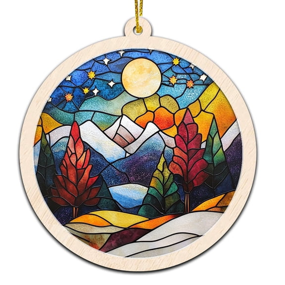 Winter Sunset Stained Glass Suncatcher Ornament Text Christmas 2025 Tree Decoration Gift for Family, Friends, Man & Woman