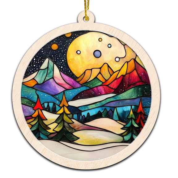 Winter Sunset Stained Glass Suncatcher Ornament Text Christmas 2025 Tree Decoration Gift for Family, Friends, Man & Woman