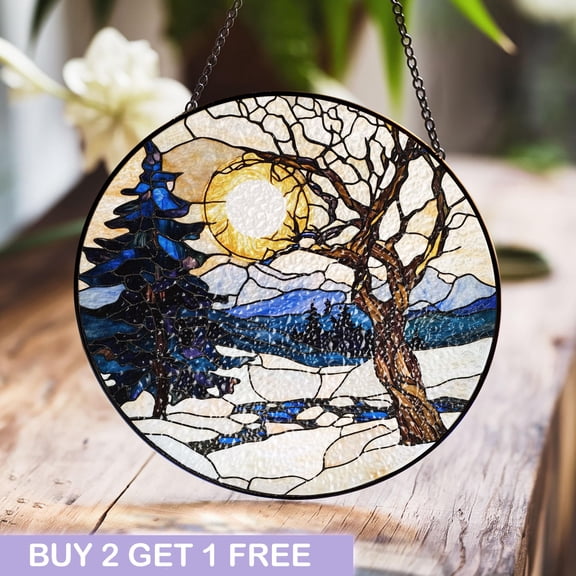 Winter Sunset Stained Glass Window Panel with Snowy Landscape and Trees