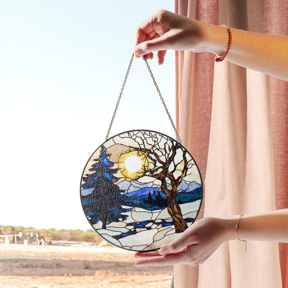 Winter Sunset Stained Glass Window Panel with Snowy Landscape and Trees