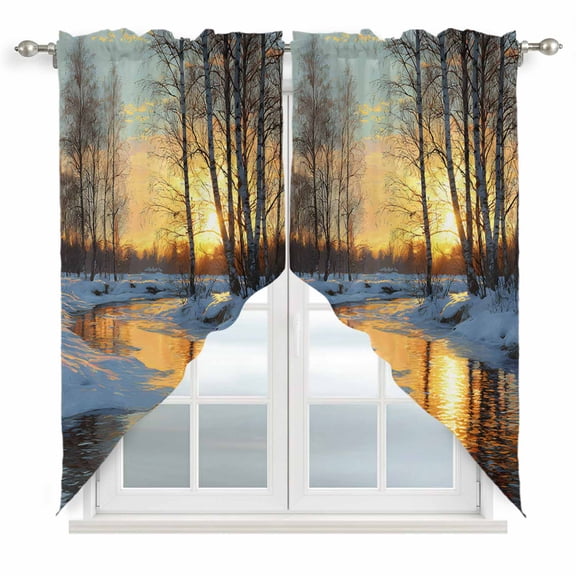 Winter Sunset Swag Valances for Windows, Kitchen Curtains 36 Inch Length 2 Panels Set, Nature Forest Snow Landscapes Short Curtains for Small Windows Rod Pocket Cafe Curtains Drapes 28"x36"