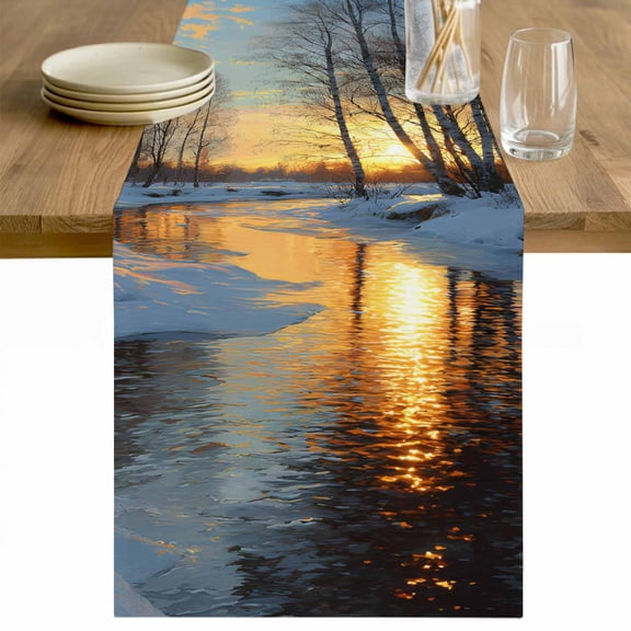 Winter Sunset Table Runner 60 Inches Long Farmhouse Dress Scarves, Nature Forest Snow Landscapes Dining Tablerunner for Coffee Table/Kitchen Island/Party Décor, 13" x 60"