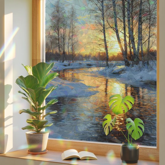 Winter Sunset Window Privacy Film Rainbow Static Cling Stain Glass Window Film for Glass Door, Decorative Heat Control Blocking Sunroof Decal Sticker for Car 17.7"x39.3" Nature Forest Snow Landscapes