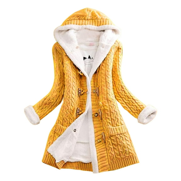 Winter Sweater Coat for Women Usmixi Knitted Sweater Coat for Women Fashion Horn Button Plus Size Hooded Outerwear Long Sleeve Solid Plush Patchwork Sweater Tops 2023 Jacket Holiday