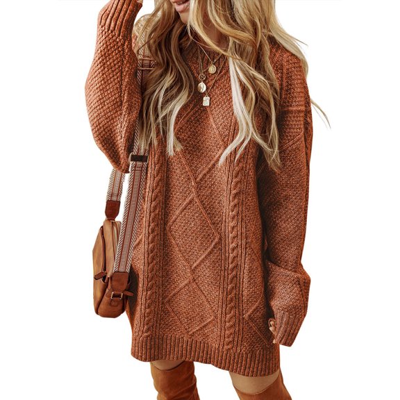 Winter Sweater Dress, Textured Cable Knit Pattern for a Cozy Look, Ideal for Fireplace Evenings, Small Gatherings and Comfort-First Style. Coffee L