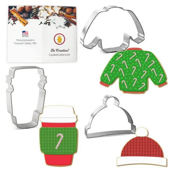 Winter Sweater Latte Cap Cookie Cutter 3 Pc Set HS0461 with Sugar Cookie Recipe Card. Foose - USA