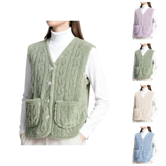 Winter Sweater Vest Women Sleeveless V Neck Button Down Casual Warm Fuzzy Cardigan Sweater with Pockets