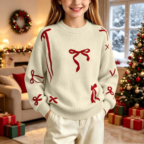 Winter Sweaters for Girl Cozy Thermal Long Sleeve Crew Neck Cute Bow Printed Pullover Sweater for Daily Casual Family Gathering Wear Beige 13-14 Years
