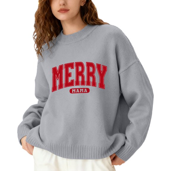 Winter Sweaters for Women Letter Print Pullover Sweater Long Sleeve Casual Crewneck Knit Top For Fall And Winter Cozy Soft Yarn Fashion Apparel Ugly Christmas Sweaters