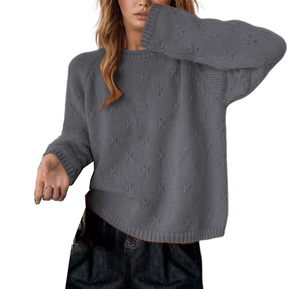 Winter Sweaters for Women Women's Casual Knit Sweater Batwing Sleeve Pullover Crewneck Loose Fit Top with Crochet Detail Soft Yarn Winter Fall Fashion Comfortable