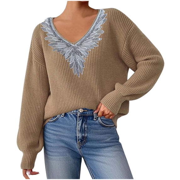 Winter Sweaters for Women Casual Printed V Neck Long Sleeve Knit Pullover Tops Loose Fashion Blouses