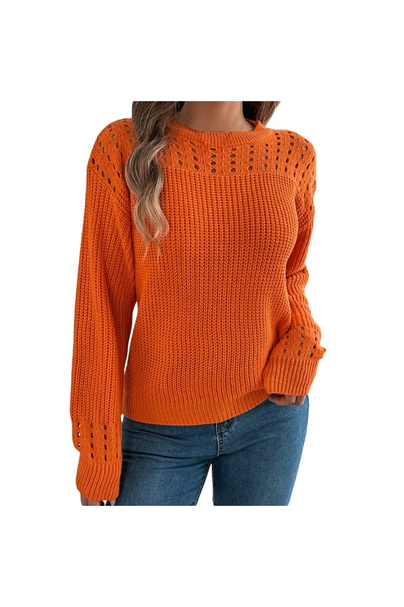 Winter Sweaters for Women Casual Solid Color Hollow Out Long Sleeve Pullover Knitted Sweaters Fall Sweater Orange XL