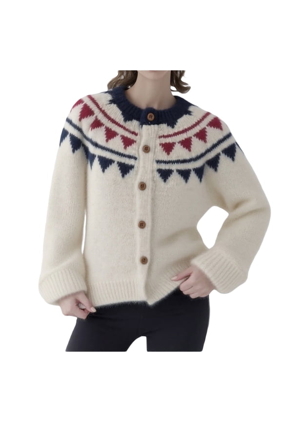 Winter Sweaters for Women Fair Isle Knit Cardigan With Round Neck Ugly Christmas Sweaters