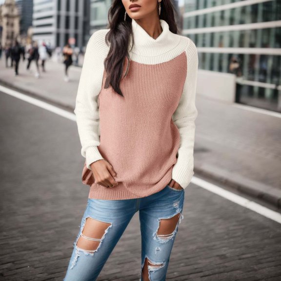 Winter Sweaters for Women Women Fashion Casual Long Sleeve Knit Sweater Color Matching High Neck Pullover Sweater Top