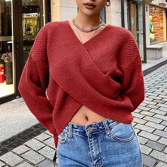 Winter Sweaters for Women Women Fashion Solid Fashion Crop V Neck Long Sleeve Knit Sweater Pullover