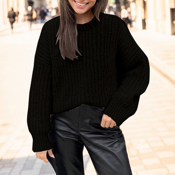 Winter Sweaters for Women Women Solid Casual Loose Round Neck Long Sleeve Knitted Sweater Pullover