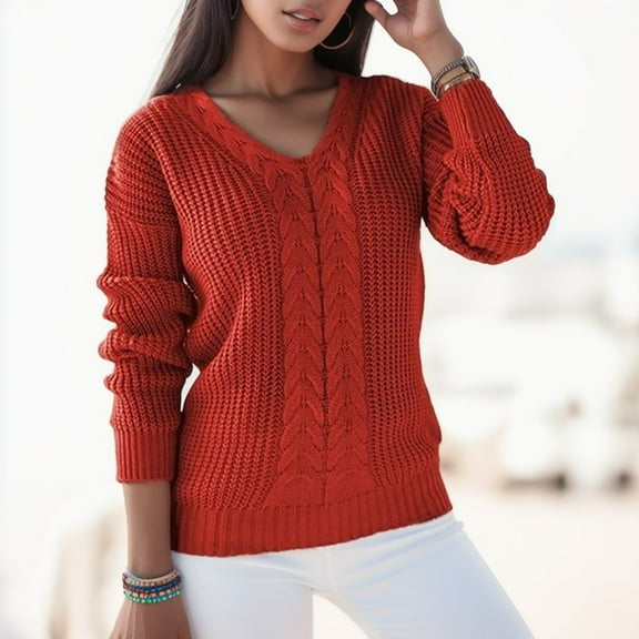 Winter Sweaters for Women Women's Solid Color Long Sleeve V Neck Knit Casual Pullover Sweater