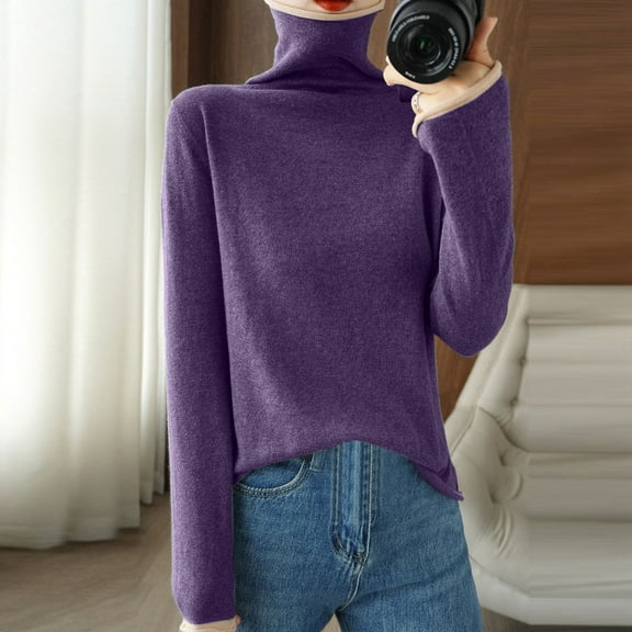 Winter Sweaters for Women Women's Sweater High Collar Knitted Pullover Loose Color Block Top Bottoming Shirt