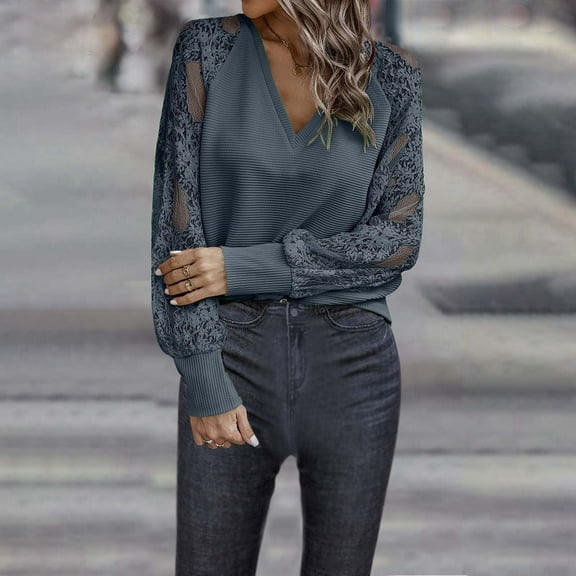 Winter Sweaters for Women Women's V Neck Lace Long Sleeve Ribbed Knit Sweater Solid Color Pullover Top