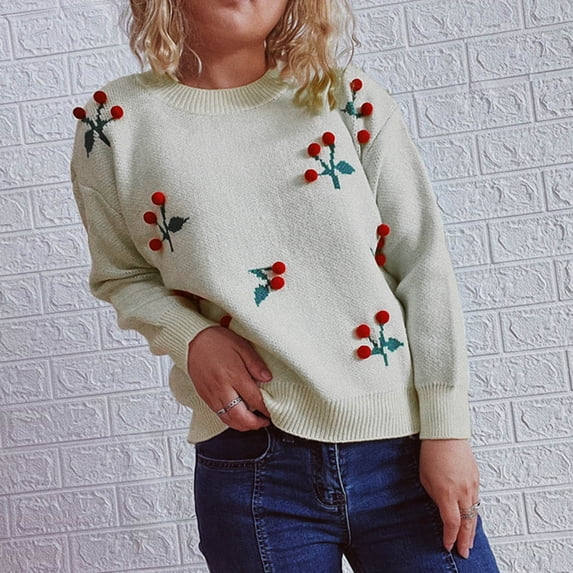 Winter Sweaters for Women Womens Crew Neck Long Sleeve Bubble Cherry Jacquard Knit Pullover Sweater