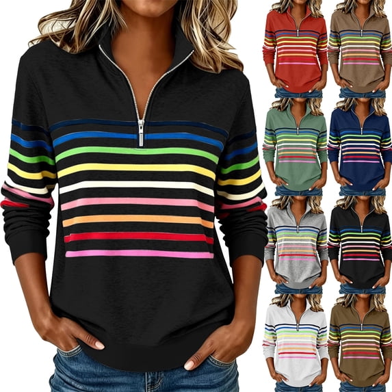 Winter Sweatshirt For Women Long-sleeved Stand-up Collar Half-zip Striped Loose Pullover Tops