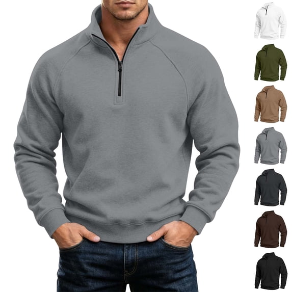 Winter Sweatshirt for Men Warm Solid Color Half Zipper Pullover Stand Up Collar Casual Long Sleeves Fall Shirt For Outerwear with Pockets